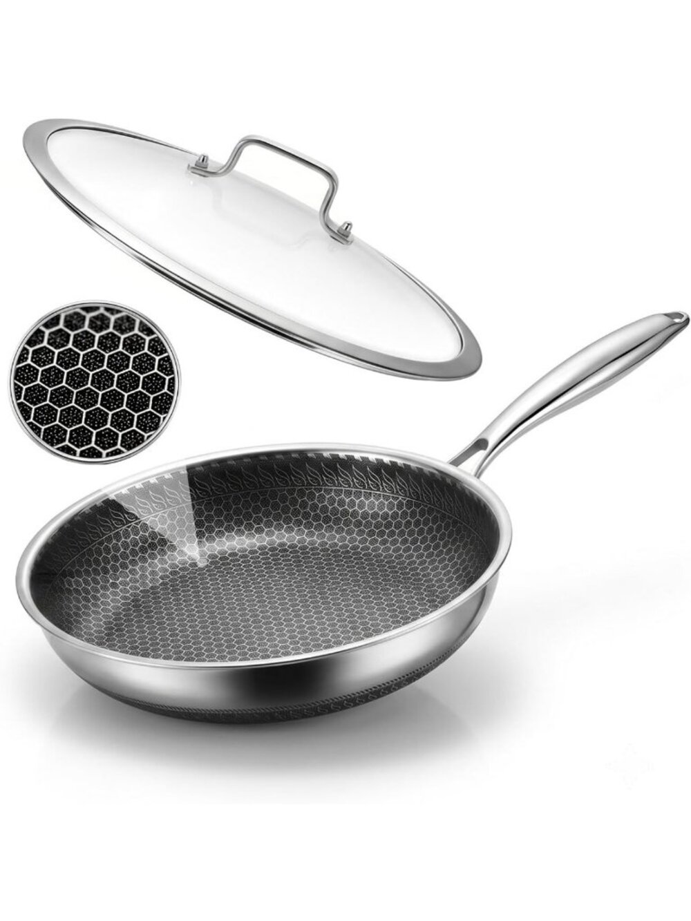 12-Inch Nonstick Honeycomb Frying Pan with Lid - Durable Stainless Steel